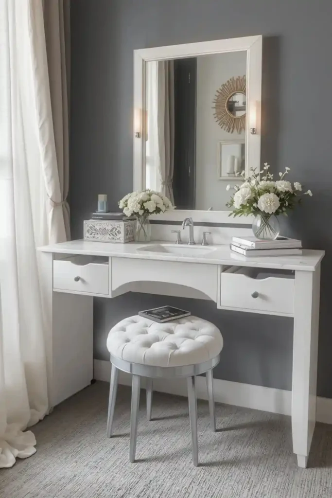 Vanity with hidden storage compartments for organized bedroom setup