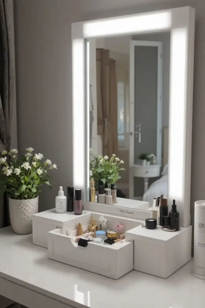 Vanity with lighted mirror providing functional and stylish lighting