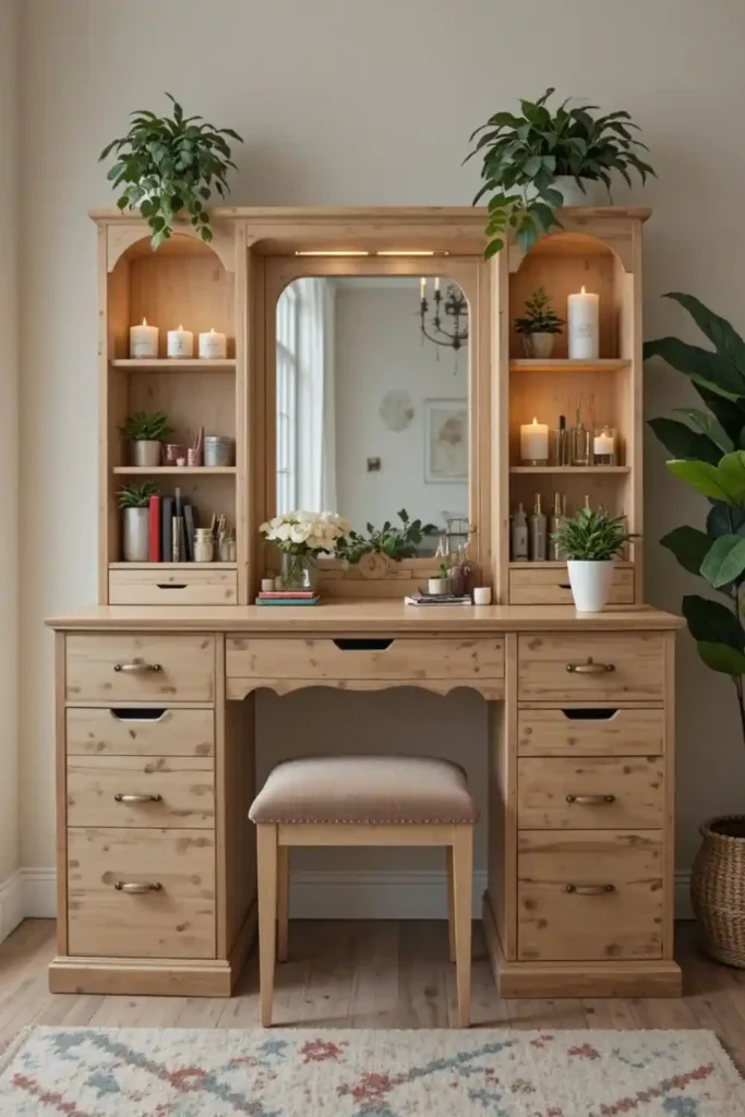 Vanity with multi-tiered storage keeping makeup and accessories organized