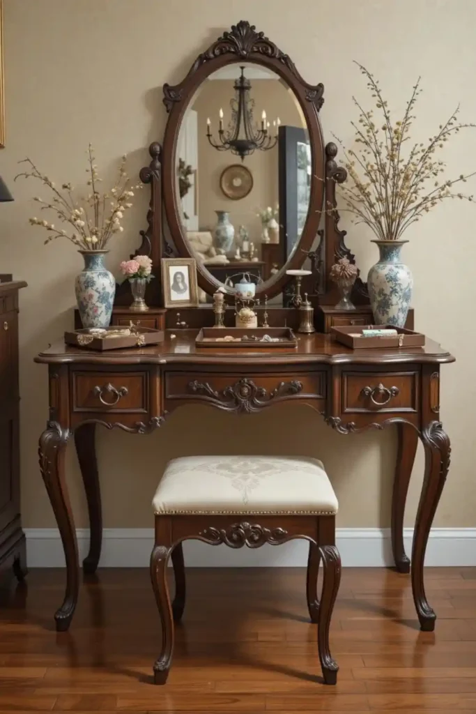 Vintage-inspired vanity table with carved details and decorative accessories