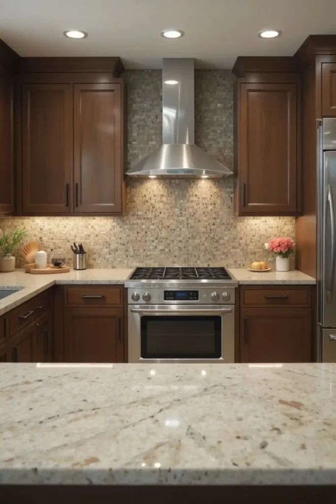 Warm beige mosaic backsplash with brown cabinets, inviting kitchen