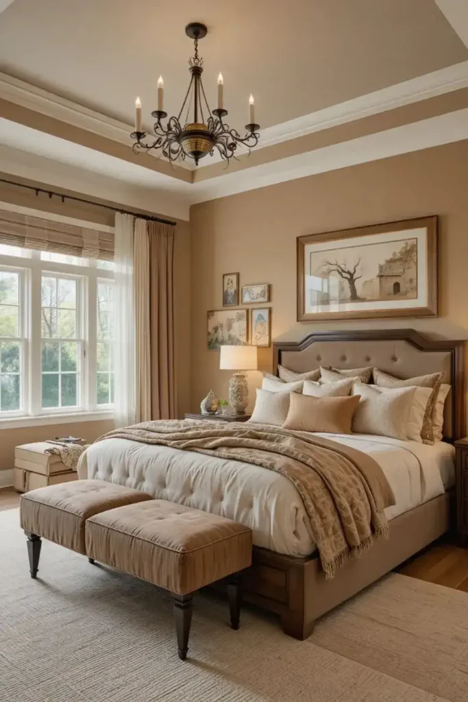 Warm neutral color palette in a modern master bedroom