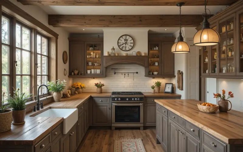 Warm rustic farmhouse kitchen with soft lighting and wooden textures.