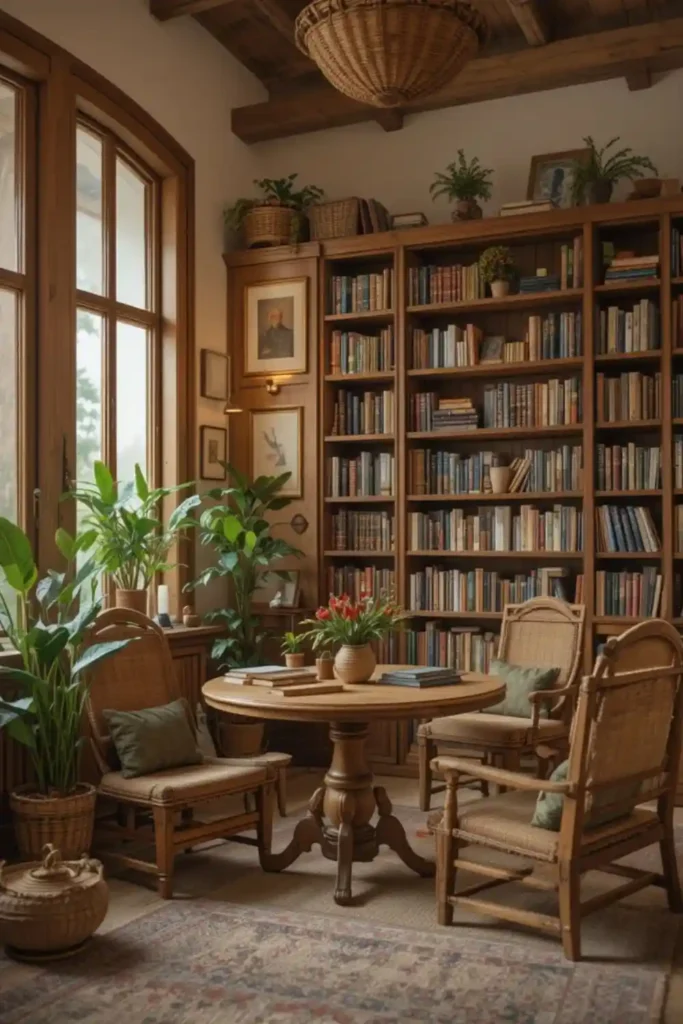 Warm wood accents in a cozy reading room