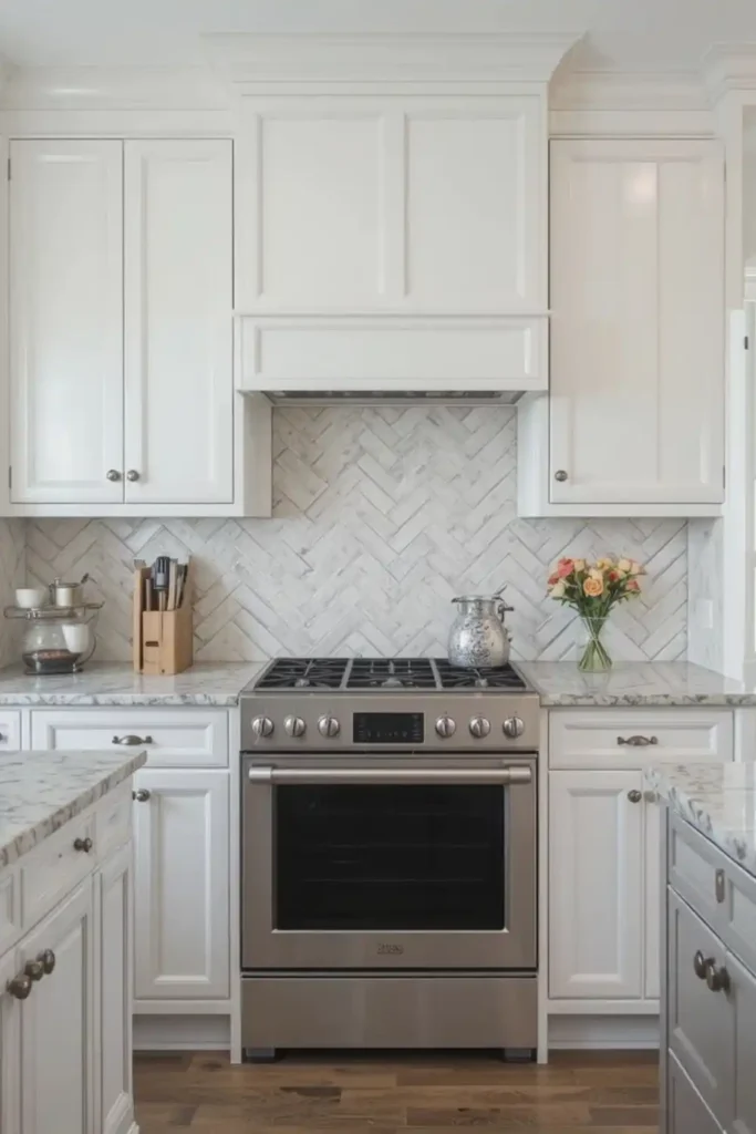 White cabinets with herringbone tile backsplash in a minimalist kitchen