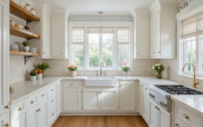 White farmhouse kitchen with brass hardware and open shelves.