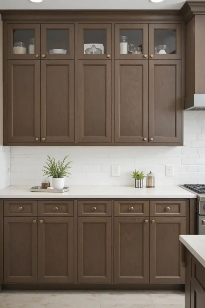 White subway tile backsplash with brown cabinets, classic kitchen look.