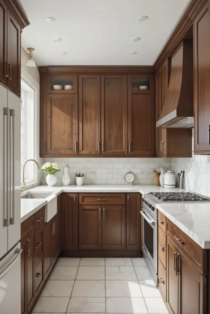White tile backsplash with grey grout and brown cabinets, bright kitchen.