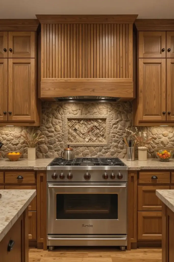 Wood cabinet kitchen with vertical oak slat backsplash.