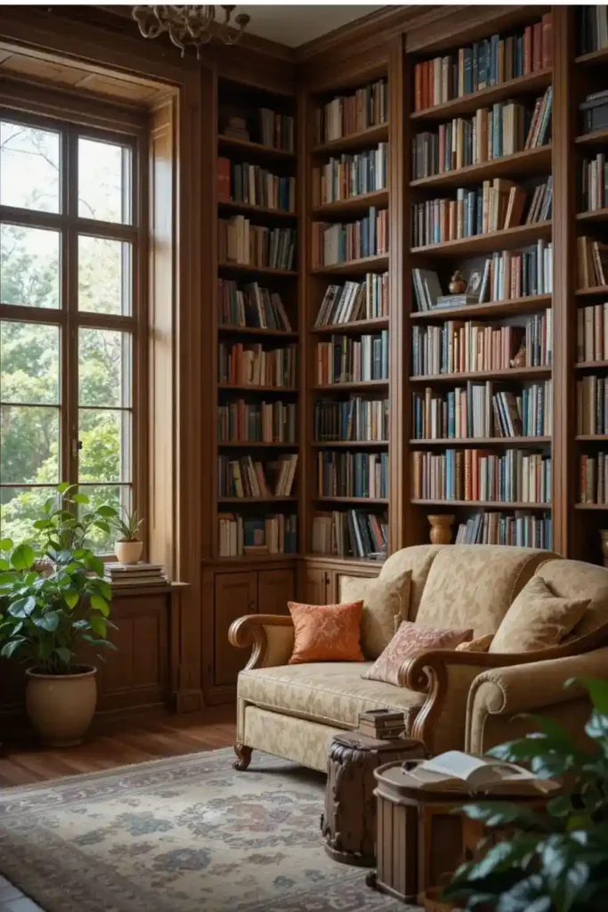 Wooden bookshelves adding warmth to a reading room