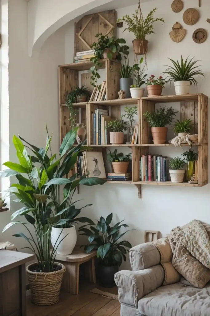 Wooden crate shelving used in boho room decor