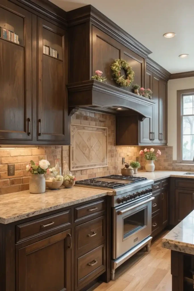 Rustic kitchen with brick backsplash and dark wood cabinets.