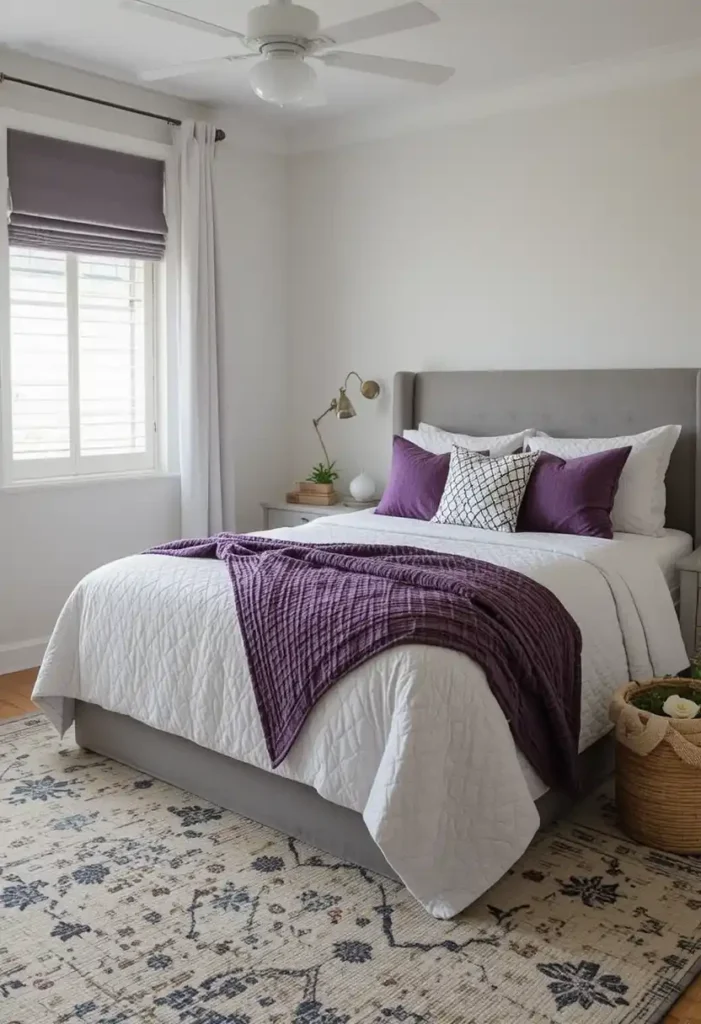 Bedroom styled with purple pillows and textiles