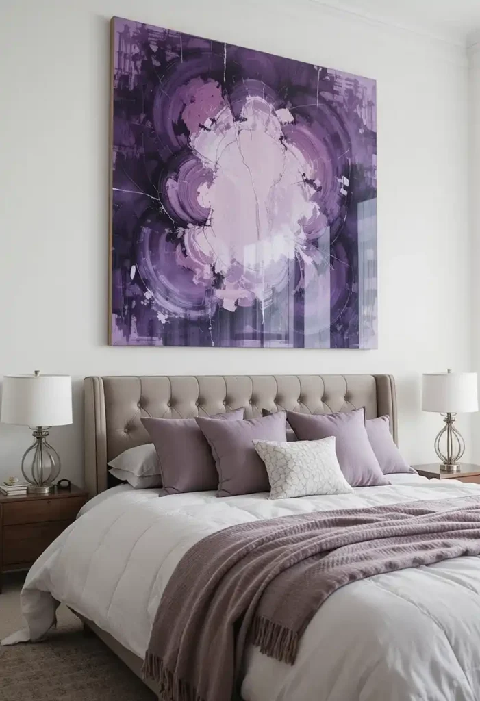 Bedroom with purple abstract wall art