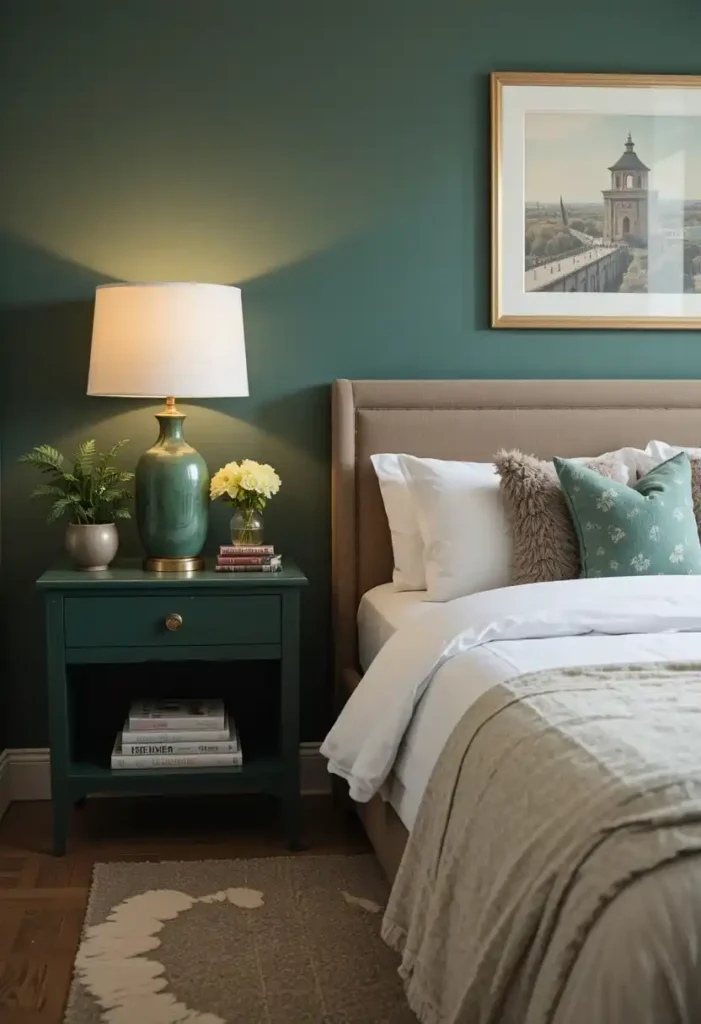 Bedroom with hunter green bedside tables, lamp, books, and plant