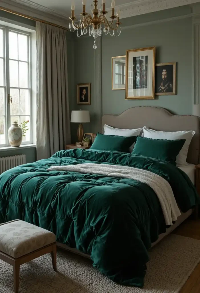 Forest green velvet bedding layered with light sheets in a cozy bedroom