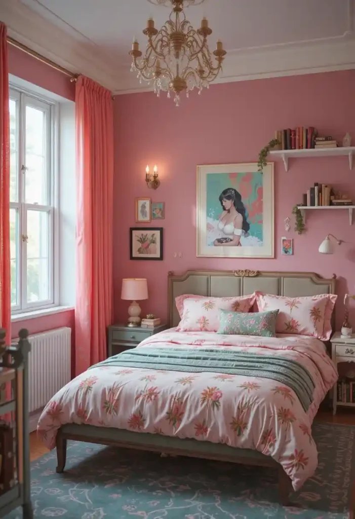 Small Space Pink and Green Tricks bedroom