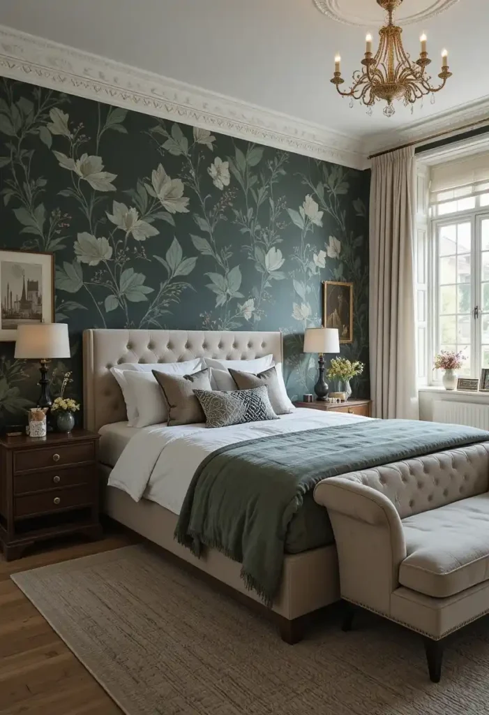 Bedroom with dark green botanical wallpaper and neutral furniture
