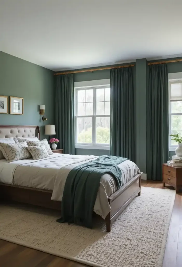 Floor-to-ceiling dark green curtains on wooden rods in a bright bedroom