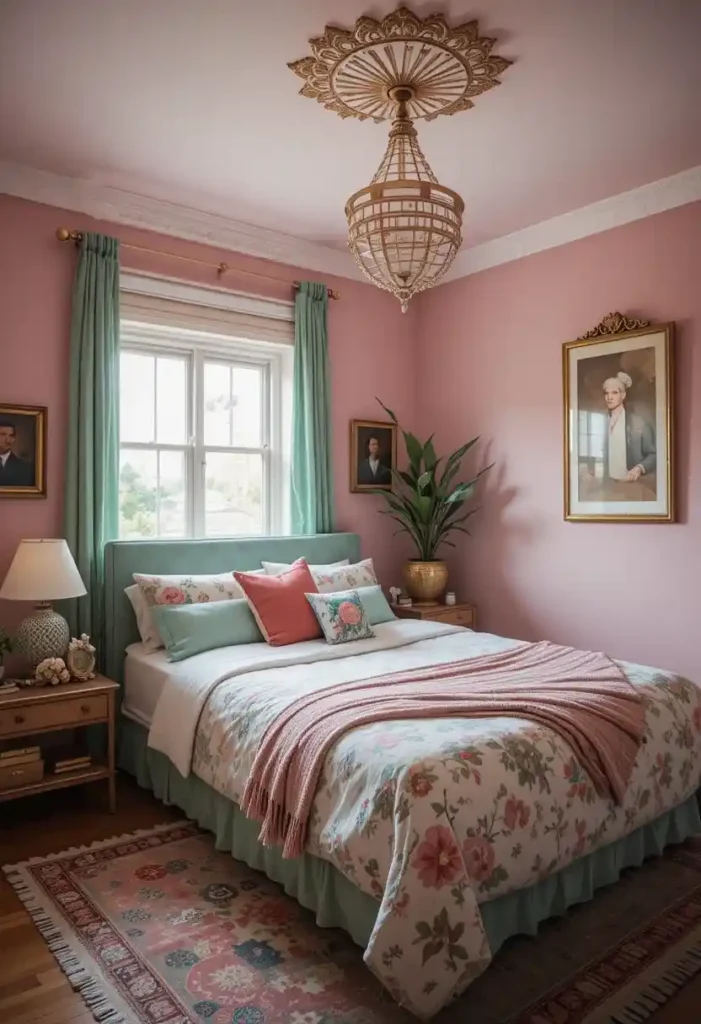 Boho Pink and Green Layered Textures bedroom