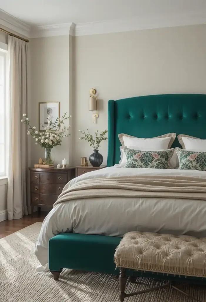 “Bedroom with emerald green upholstered headboard and neutral decor