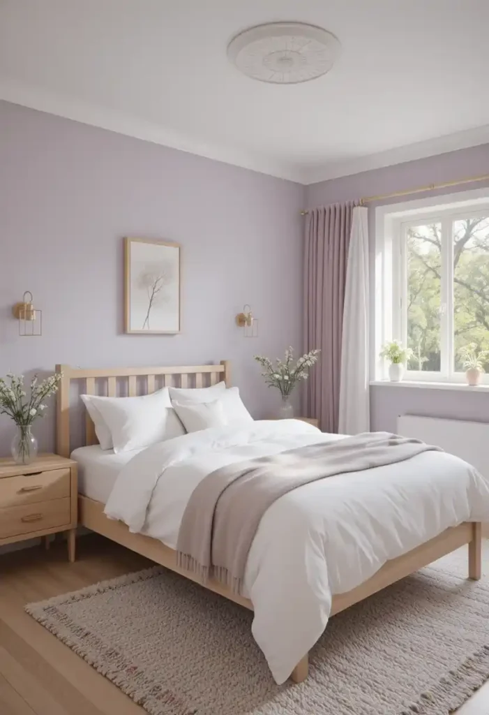 Soft lavender bedroom with light wood furniture