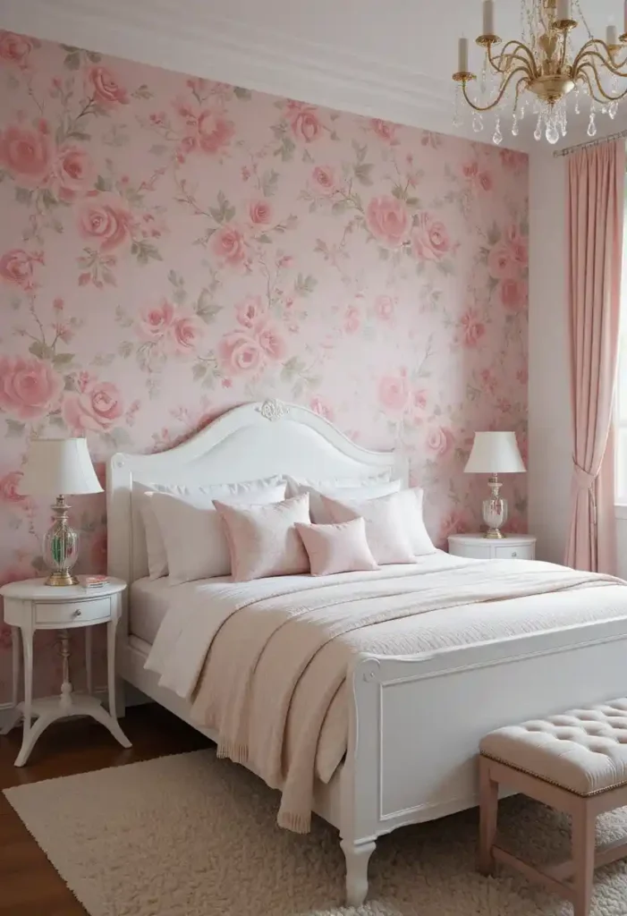 Pink and white bedroom with floral accent wall