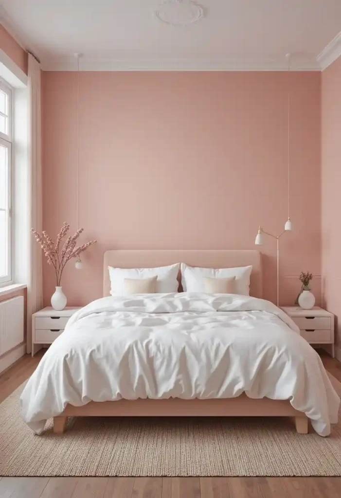 Blush pink minimalist bedroom with white bedding and simple furniture