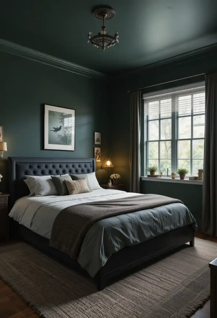 Bedroom with moody dark green walls and black furniture, soft lighting