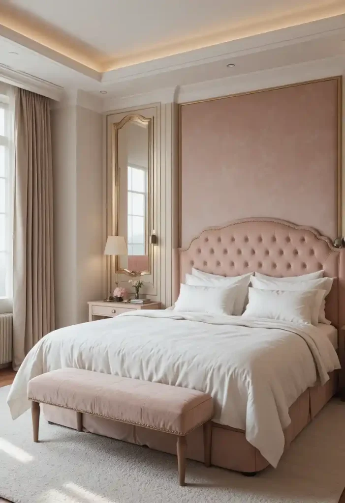Pink velvet and white linen bedroom with luxurious feel
