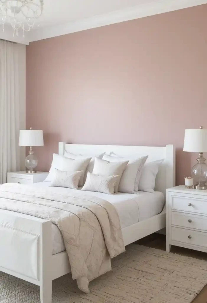 Pink accent wall bedroom with white furniture and decor
