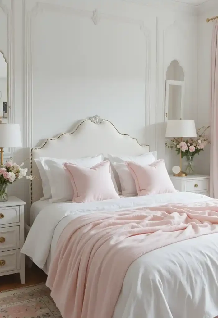 White bedroom styled with soft pink accessories