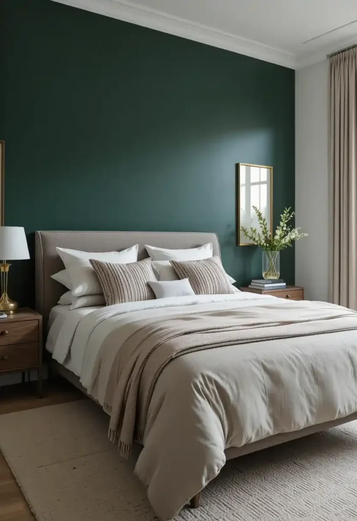 “Bedroom with dark green accent wall and gold picture frames
