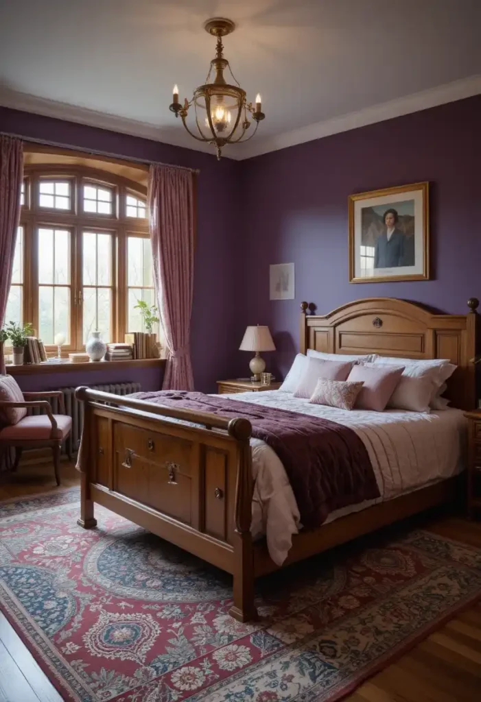 Purple bedroom with natural wood furniture
