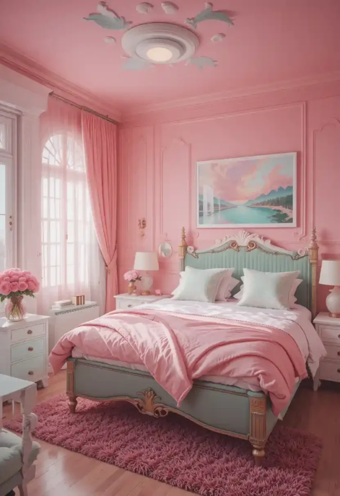 Minimalist pink and green bedroom with airy feel.