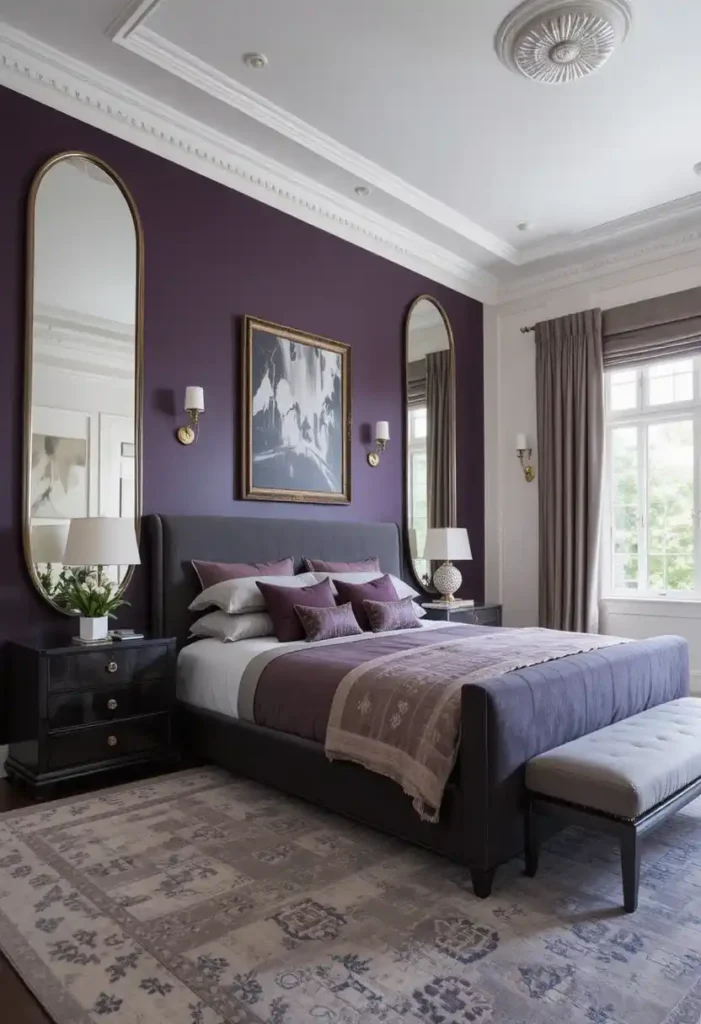 Eggplant accent wall in spacious bedroom