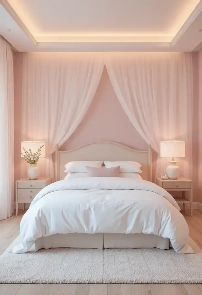 Pastel pink and white bedroom designed for calm and relaxation