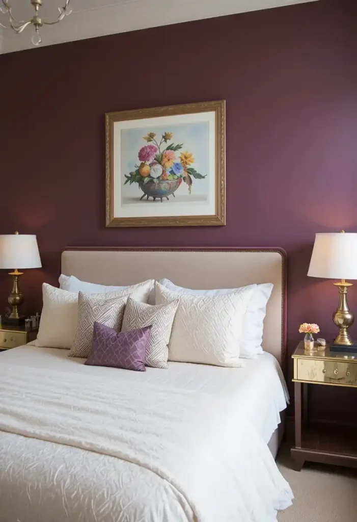 Plum accent wall bedroom behind the bed