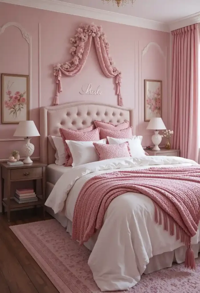 Monochrome pink and white bedroom with layered textures