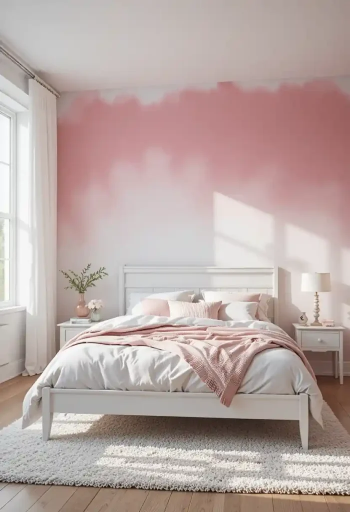 Pink ombre wall bedroom with white furniture