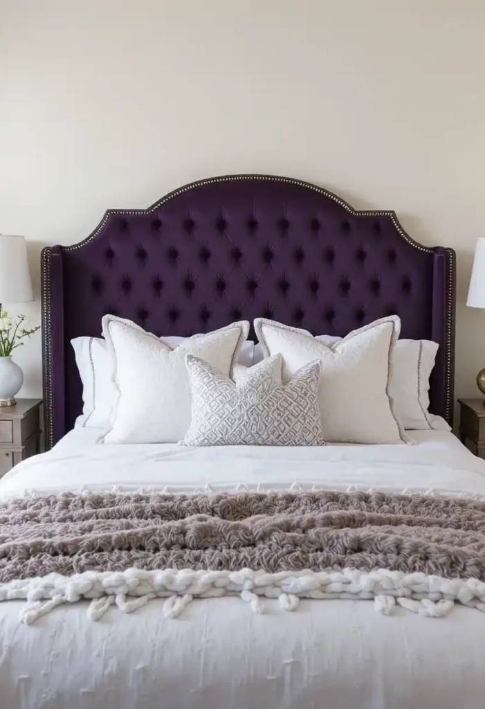 Bedroom with purple upholstered headboard