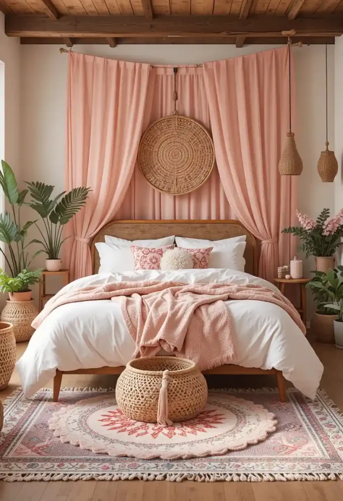 Pink and white boho bedroom with natural textures