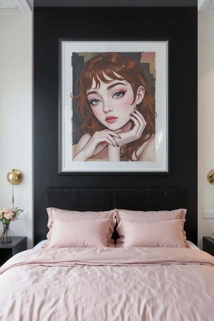 Bedroom featuring a bold black accent wall with soft pink bedding and minimalist decor