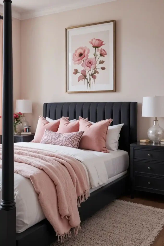 Bedroom with matte black furniture accented by pink pillows and soft décor elements.