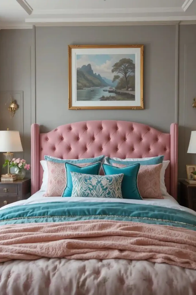 “Bedroom with pink headboard and teal bedding