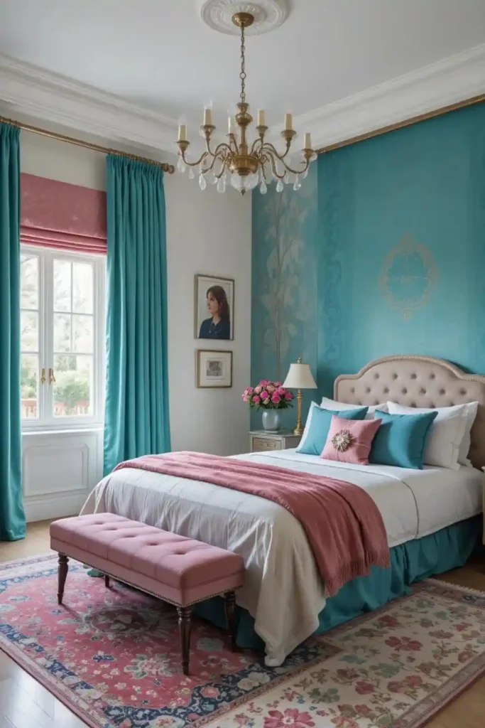 “Bedroom with teal and pink textiles on neutral walls”