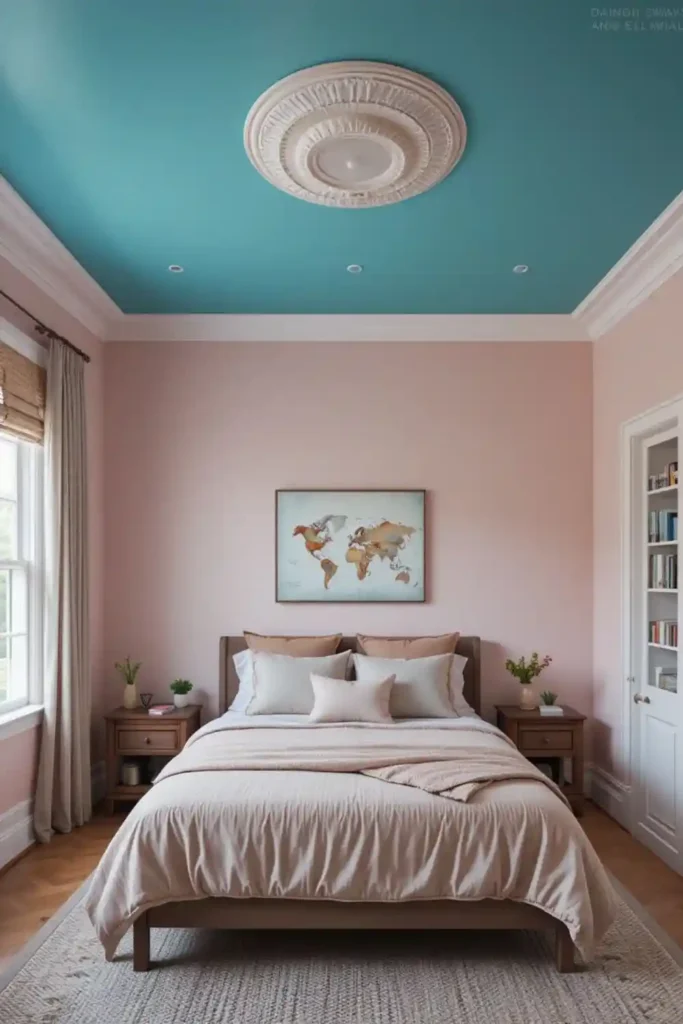 Bedroom with teal ceiling and pink-neutral walls