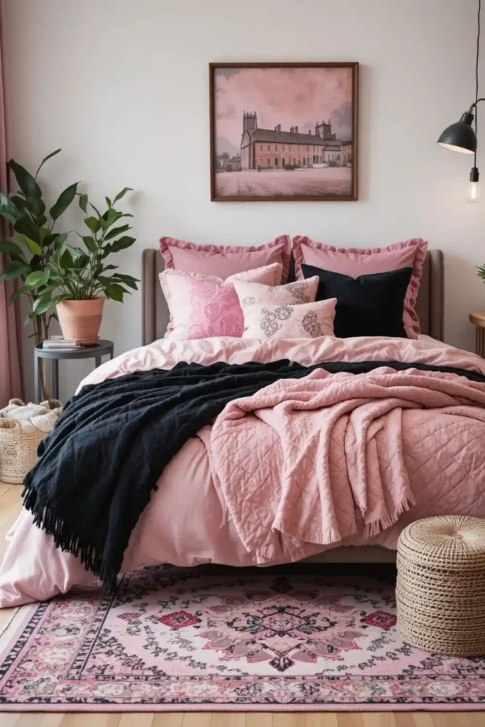 Black and pink bedroom with layered textiles, pillows, and accessories for a curated cozy look