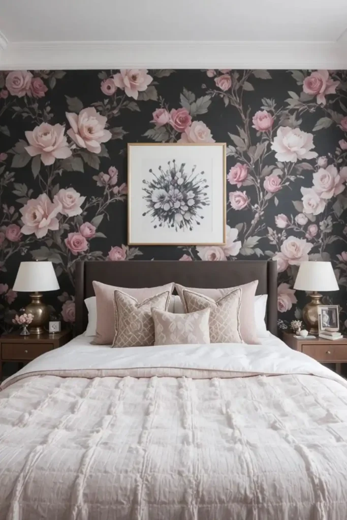 Black and pink floral wallpaper accent wall in bedroom with neutral bedding and chic decor.