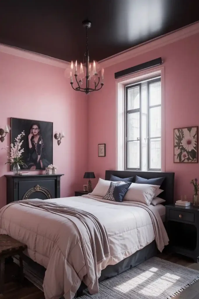 Black ceiling with pink walls bedroom featuring minimal black furniture and soft bedding.